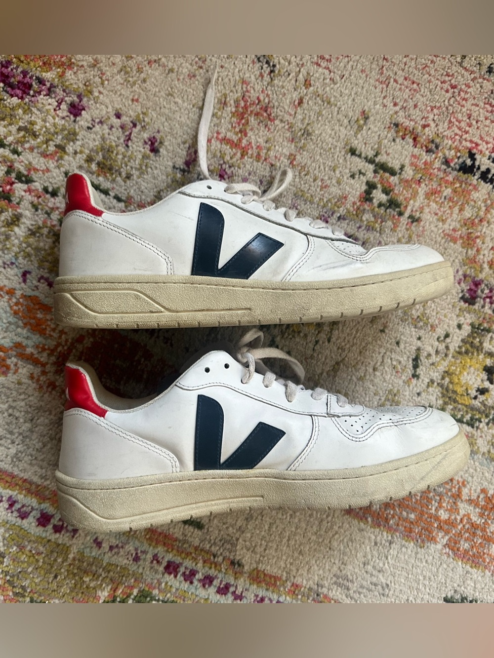 Veja Men's White Leather Sneakers with Navy V and Red Heel